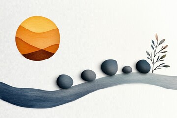 Serene Stone Arrangement with Golden Sun and Subtle Plants Minimalist Calm and Artistic Scene