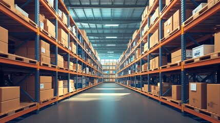 Rows Of Shelves Stocked With Cardboard Boxes Fill Warehouse Space