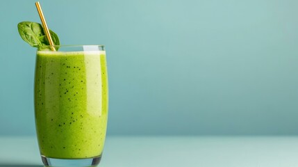 Smoothie glass with spinach leaf against a teal backdrop, healthy detox beverage, nutrition concept