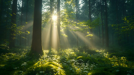 Sunbeams pierce a misty, green forest floor, illuminating wildflowers and moss