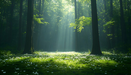Fototapeta premium Sunbeams pierce a misty forest, illuminating a field of white wildflowers