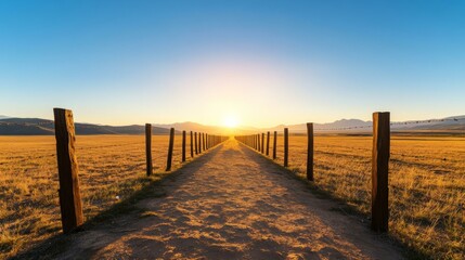 Obraz premium Golden sunrise over a dirt path through fields, symbolizing new beginnings and journeys, travel inspiration