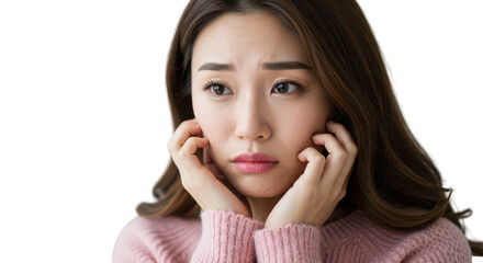 Fototapeta premium Close up of a worried asian woman in pink sweater with hands to face looking away