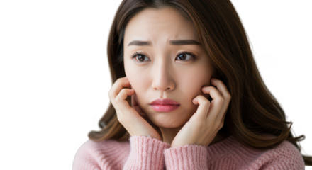 Close up of a worried asian woman in pink sweater with hands to face looking away