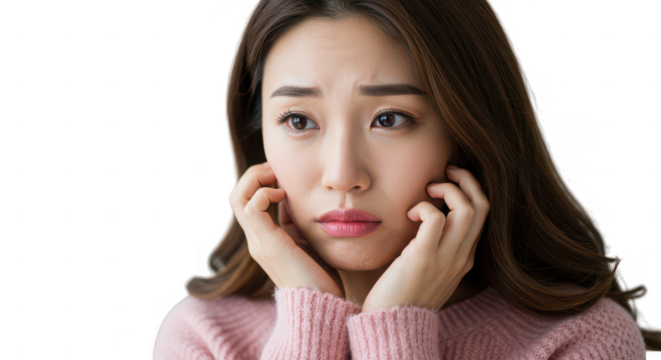 Close up of a worried asian woman in pink sweater with hands to face looking away