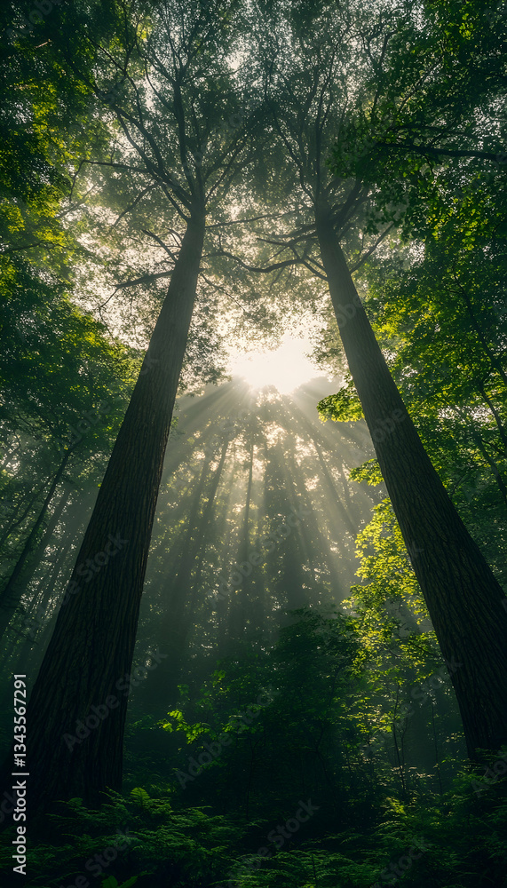 Poster sunlight streams through tall trees in a misty forest