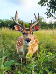 Naklejka premium Enchanting Deer Portrait: A Glimpse into Wild Nature's Beauty in Lush Green Meadow, Captivating Animal with Spotted Fur and Majestic Antlers