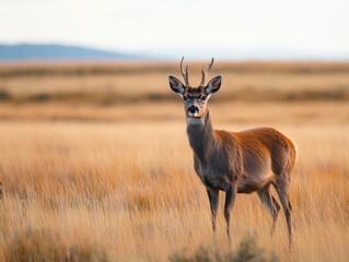 Fototapeta premium Majestic Deer in Golden Meadow: A Wildlife Portrait of Nature's Beauty