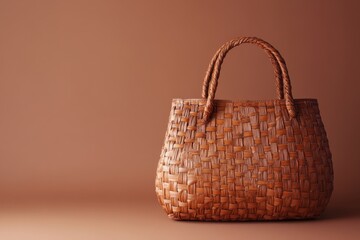 A woven brown bag sits isolated on a brown background