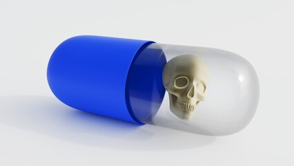 A 3D rendered image of a pill capsule containing a skull. The potential danger of medication, the pills can become a source of harm rather than healing.