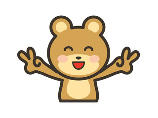 満面の笑顔でダブルピースをするかわいいクマさんの上半身イラスト