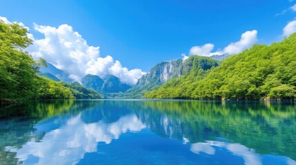 Serene mountain lake landscape under a vibrant sky.  Tranquil water reflects the clouds and mountains, surrounded by lush green forests