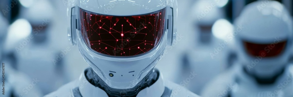 Poster futuristic white humanoid robots with illuminated red data displays, advanced technology, artificial
