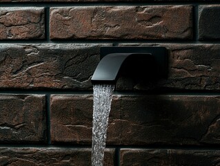 Water Flowing from Modern Black Faucet Mounted on Dark Brick Wall in Contemporary Bathroom Design