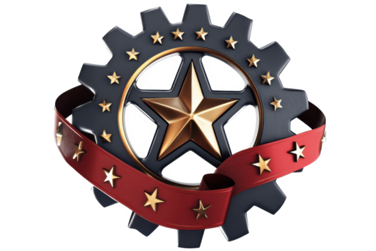 3D Render of Gold Star Gear with Red Ribbon and Stars Achievement Award Icon