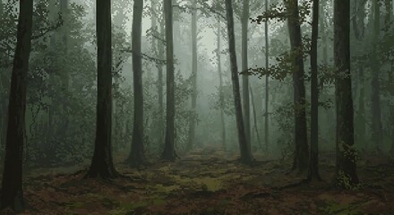 Obraz premium Illustration of a hazy forest with tall trees - evokes a sense of mystery - suitable for gaming background or digital art portfolio.