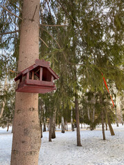 A quaint wooden birdhouse hangs from a tree in a snowy forest. The rich brown color contrasts with the white snow and green pine needles, creating a serene winter scene.