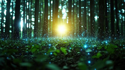 Obraz premium A serene forest blended with a glowing digital device.