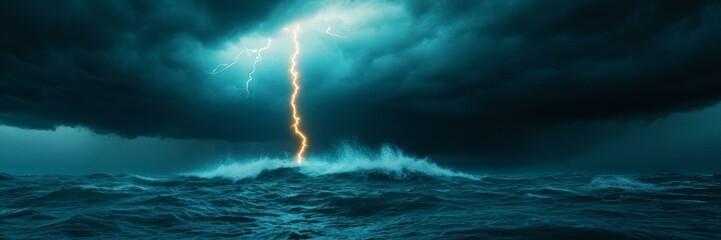 Thunderstorm over turbulent ocean, dramatic nature landscape, powerful lightning, intense weather phenomenon scene