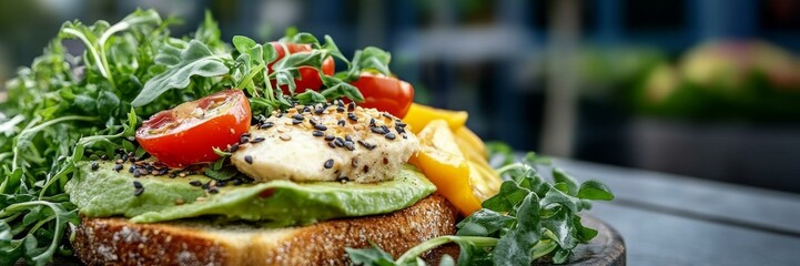 Fresh gourmet chicken sandwich with avocado, arugula, and sesame, perfect for healthy summer picnics, brunch