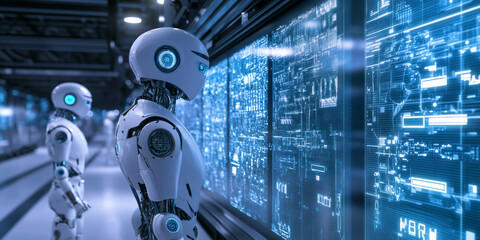 Fototapeta premium A futuristic 3D background of an advanced robotics research facility. Gleaming metallic surfaces reflect the ambient blue lighting, while humanoid androids stand in glass chambers, waiting for