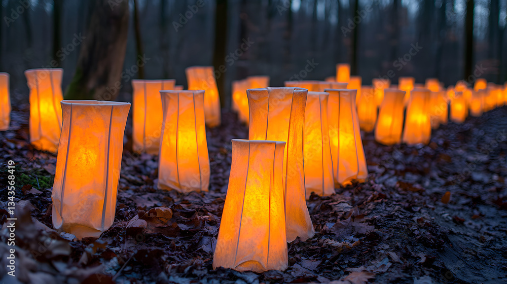 Poster tranquil forest pathway illuminated by flickering candles creating a magical atmosphere of reflectio