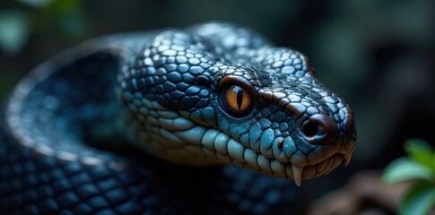 Obraz premium Snake's head with sharp fangs, dark blue scales, vertical pupils, menacing stare, venomous, reptile