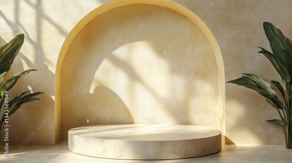 Aufkleber bright sunlight filters through an arched structure, casting soft shadows on a round platform
