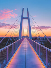 Obraz premium Sunrise over a modern cable-stayed pedestrian bridge
