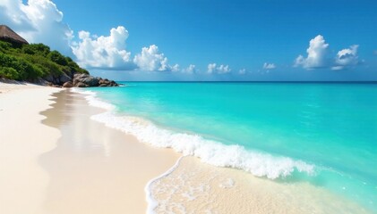 Fototapeta premium Turquoise waves gently lap against white sandy shore of a secluded island in the crystal-clear blue waters of the Pacific Ocean, blue, palm trees