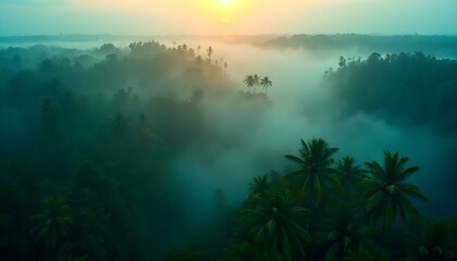 Drone shot of a lush, green tropical rainforest canopy with morning mist gently swirling through the trees at sunrise 