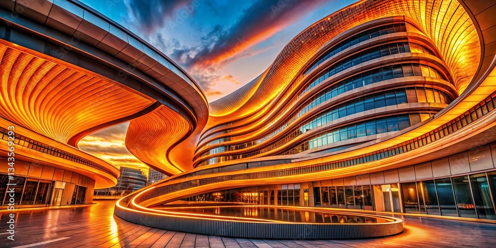 Poster abstract orange techno vortex architecture - futuristic building design