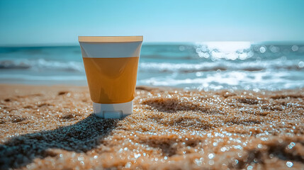 Sunscreen tube on sunny beach