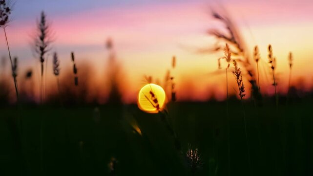 A Vibrant Summer Twilight Scene with Emerald Grass and Glowing Bokeh Effects