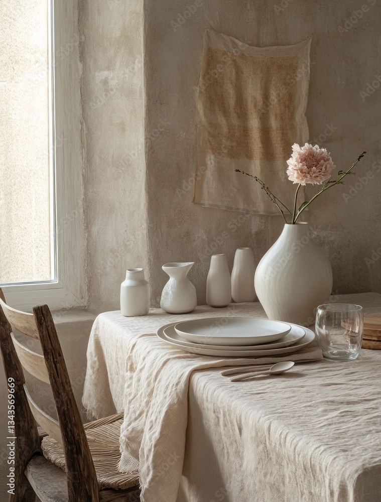 Poster Soft natural light streams through a window, illuminating a beautifully set dining table with minimalist ceramics, fresh flowers, and delicate textures