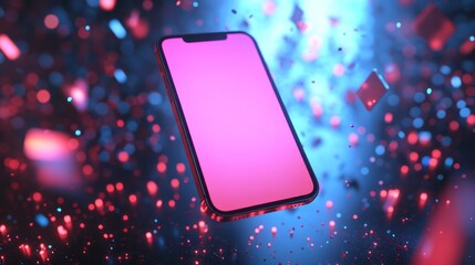Obraz premium Floating smartphone with pink screen among bokeh and cubic shapes