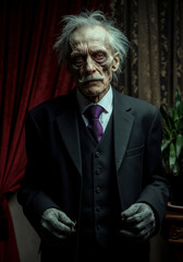 Fototapeta premium Eccentric elderly man in a dark suit with wild white hair, dramatic lighting, and a surreal atmosphere. A character study with deep storytelling elements.