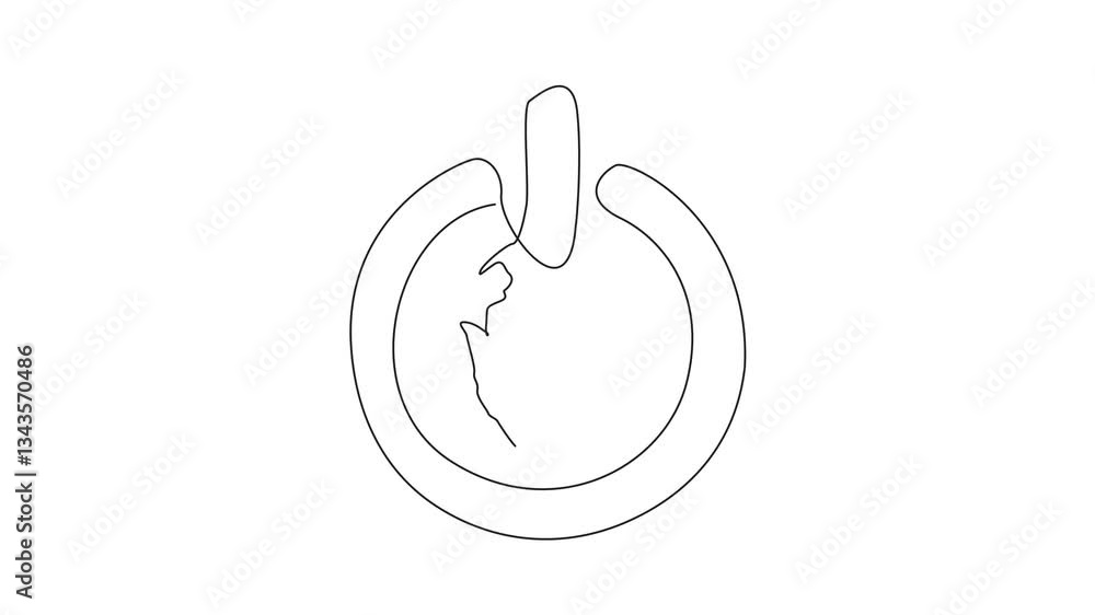 Poster self drawing animation of single one line drawing the globe in the middle of the power button. turn 