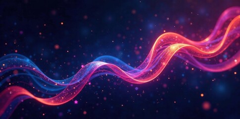 Swirl ribbons dancing in space with stars on black background, night sky, ribbon ornaments