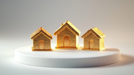 Three small golden houses stand on white circular platform. Isometric logo design real estate. Houses stylized representations of homes. Image signifies buying selling properties. Represents real