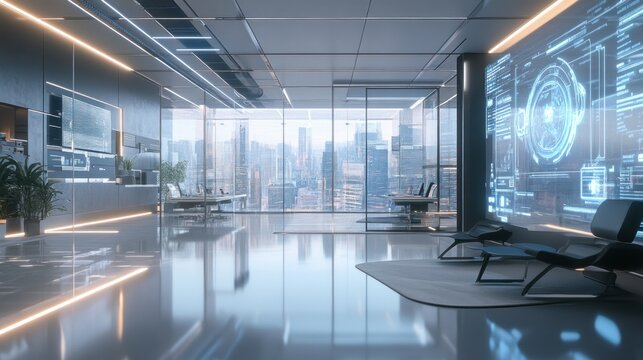 Sleek high-tech office interior with futuristic design and cityscape view