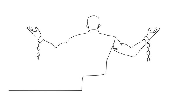 Animation of a single one line drawing of a muscular man spreads his arms which are bound with broken chains. Free. Independent. Escape. Inhumane slavery. Bondage. Rights. Full length motion