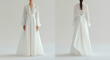 Elegant white evening dress showcased on model against neutral background for fashion demonstration