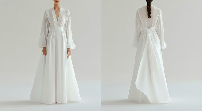 Elegant white evening dress showcased on model against neutral background for fashion demonstration