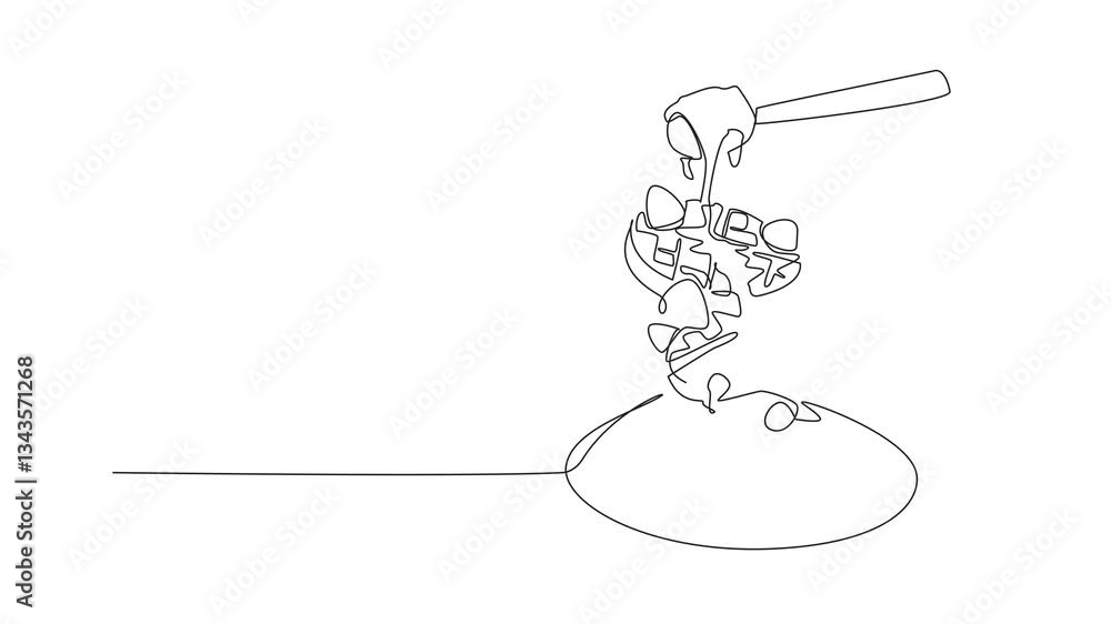 Poster animation of single continuous line drawing round stacked waffles floating on a round plate. pour ho