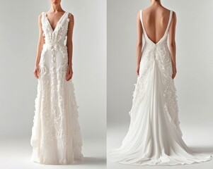 Elegant white evening dress displayed on a model showcasing intricate detailing and flowing design