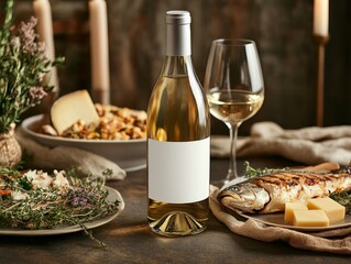 Elegant Still Life: Wine Bottle, Grilled Fish, Cheese, and Culinary Delights for a Gourmet Dining Experience