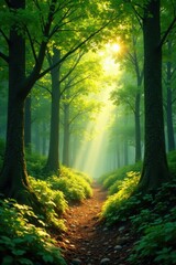 Naklejka premium Warm sunlight filters through lush green foliage, casting dappled patterns on forest floor, greenery, foliage