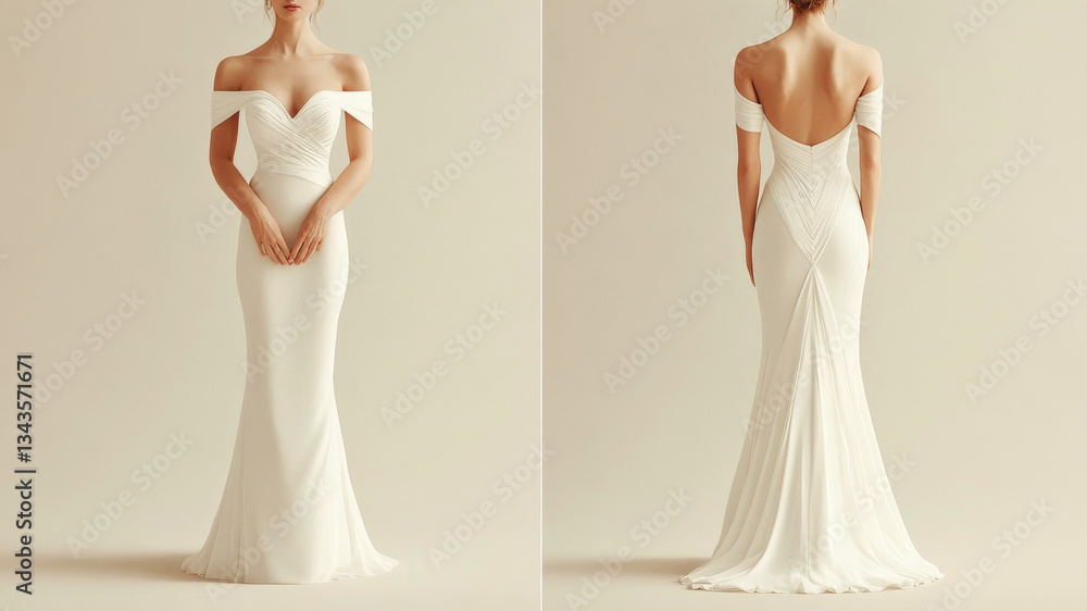 Poster elegant white evening gown worn by model showcasing front and back views in minimalistic studio sett