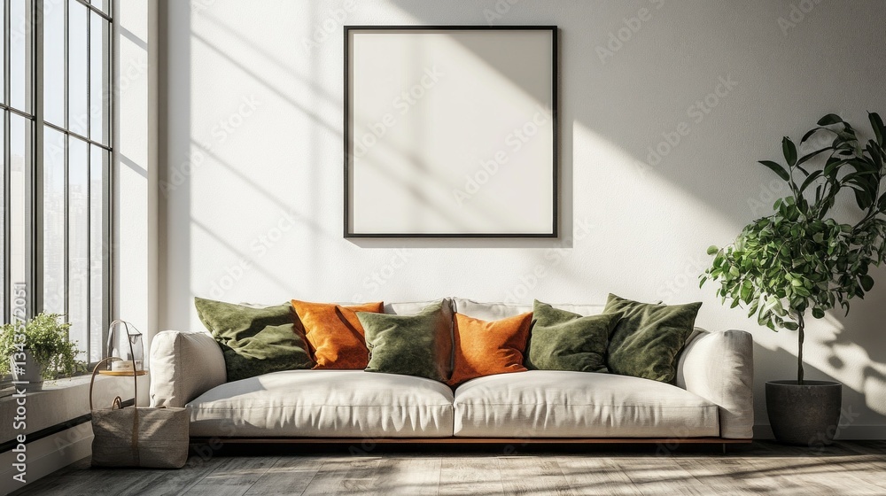 Poster sunlight streams through expansive windows, illuminating a stylish living space featuring a plush so